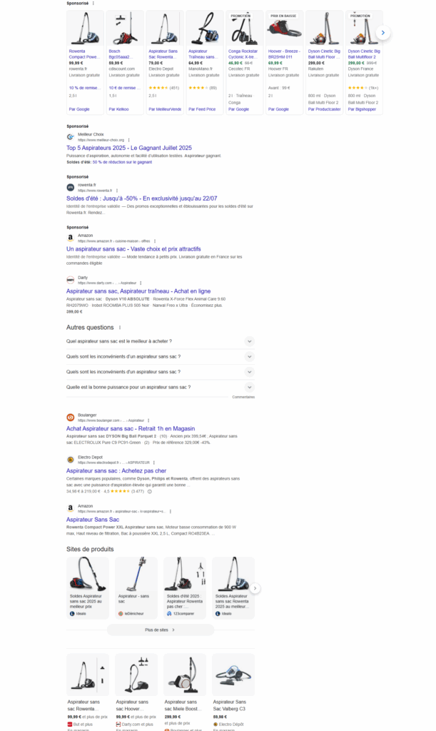 Exemple de SERP Google sur une requête transactionnelle