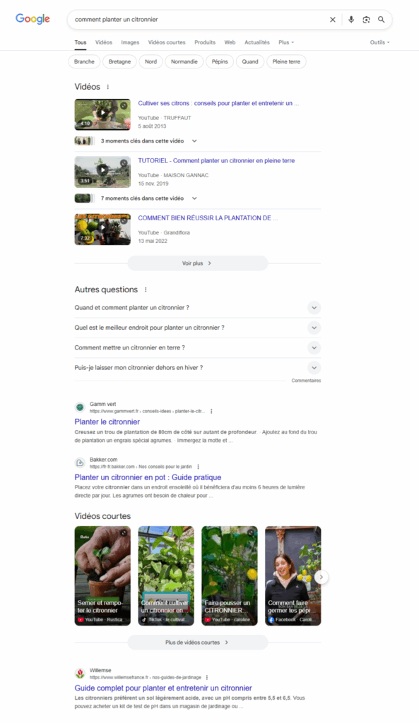 Exemple de SERP Google sur une requête informationnelle