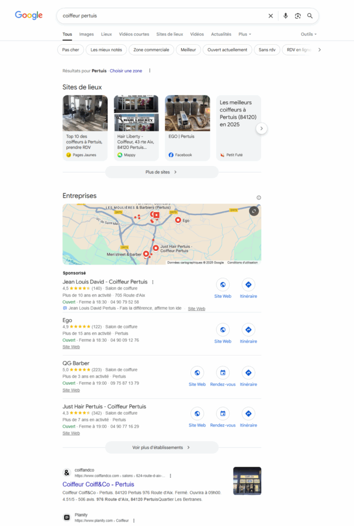 Exemple de SERP Google sur une requête locale
