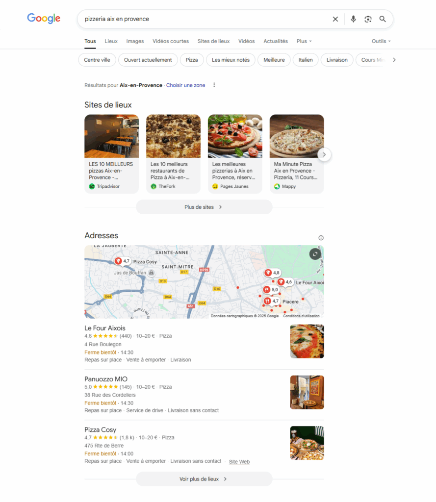 Exemple de SERP Google avec un pack local