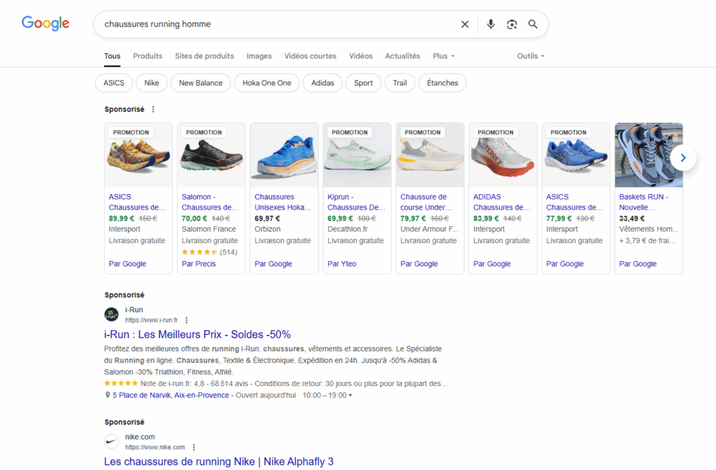 Exemple de SERP Google avec des annonces Google Ads